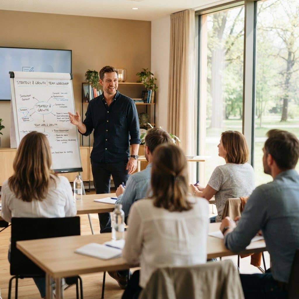 Trainer erklärt am Flipchart vor einer kleinen Seminargruppe