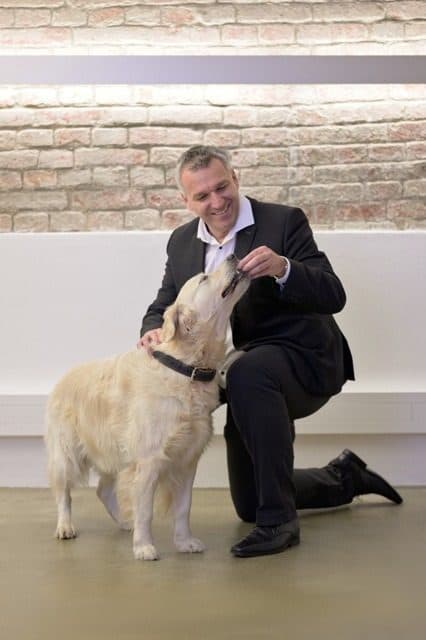 Geschäftsführer kniet im Seminarraum neben einem hellen Hund