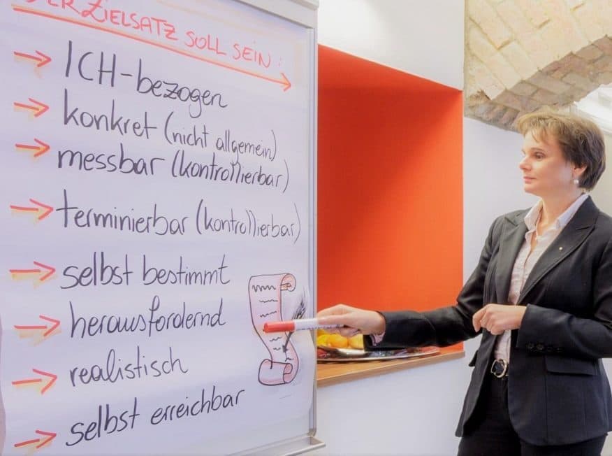 Trainerin am Flipchart mit handgeschriebenen Kriterien für Zielsätze
